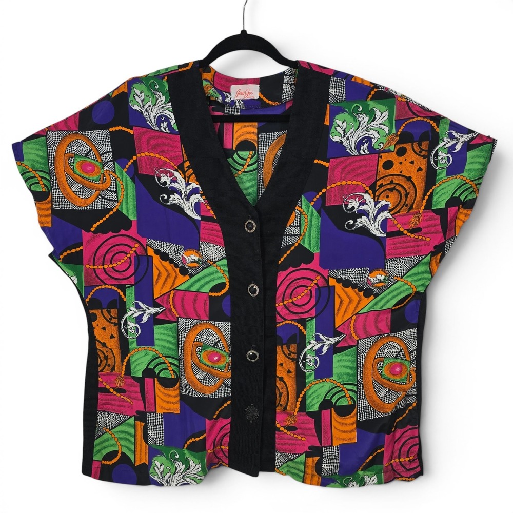 Jerri Jee New York Vintage 80s Maximalist Geometric Chain Print Button Top Multi
